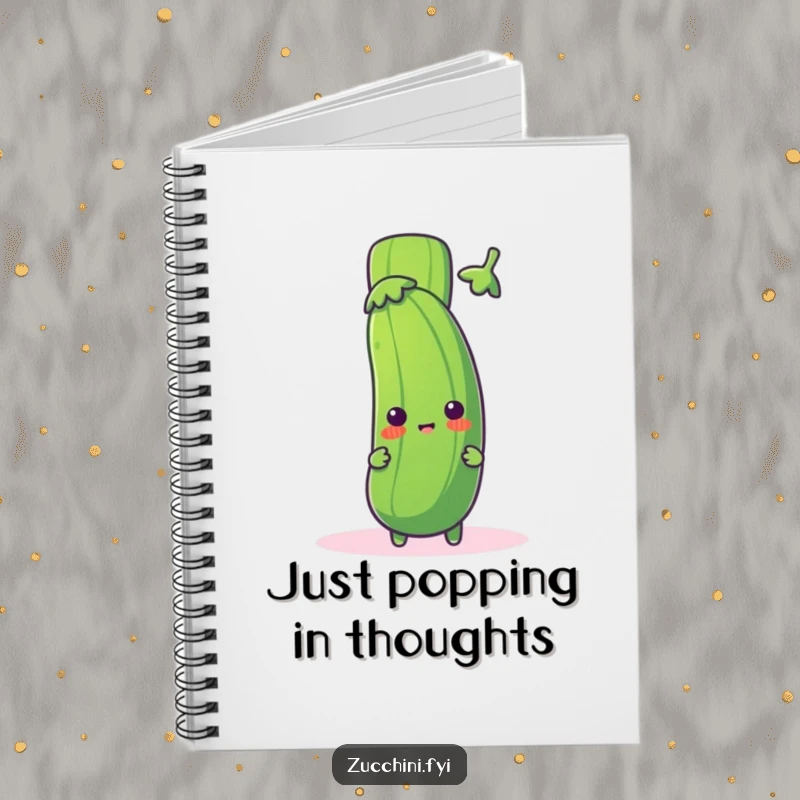 Funny zucchini notebook with a cute zucchini character peeking from behind a large exclamation mark, perfect for jotting down humorous notes.