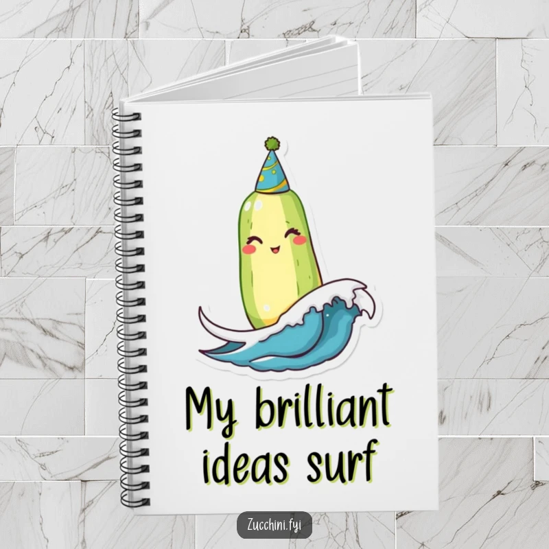 Funny Winking Zucchini Notebook: A fun notebook featuring a winking zucchini in a party hat bobbing on a wave, inspiring humorous note-taking.