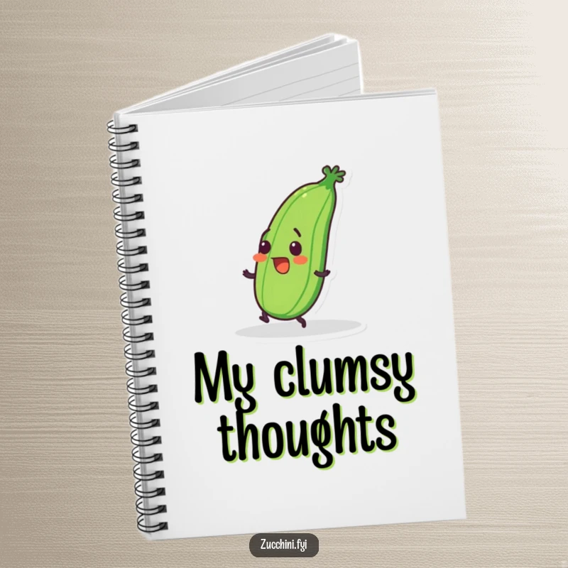 Funny notebook with a wobbly zucchini tripping over its feet, designed for capturing thoughts with clumsy humor.