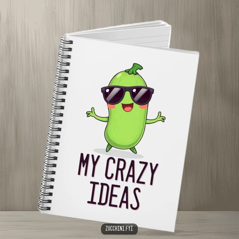 Funny Zucchini Notebook: Cover features a smiling, dancing vegetable with sunglasses, inspiring fun and creative note-taking.