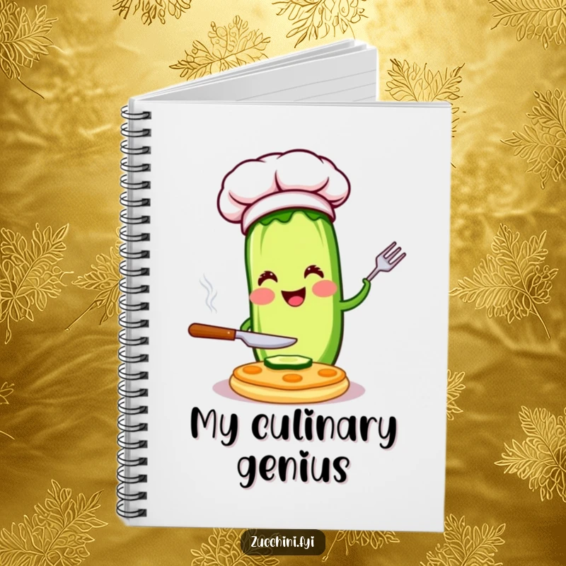 Funny chef zucchini notebook with a happy character flipping a pancake, ideal for writing and a humorous culinary gift.