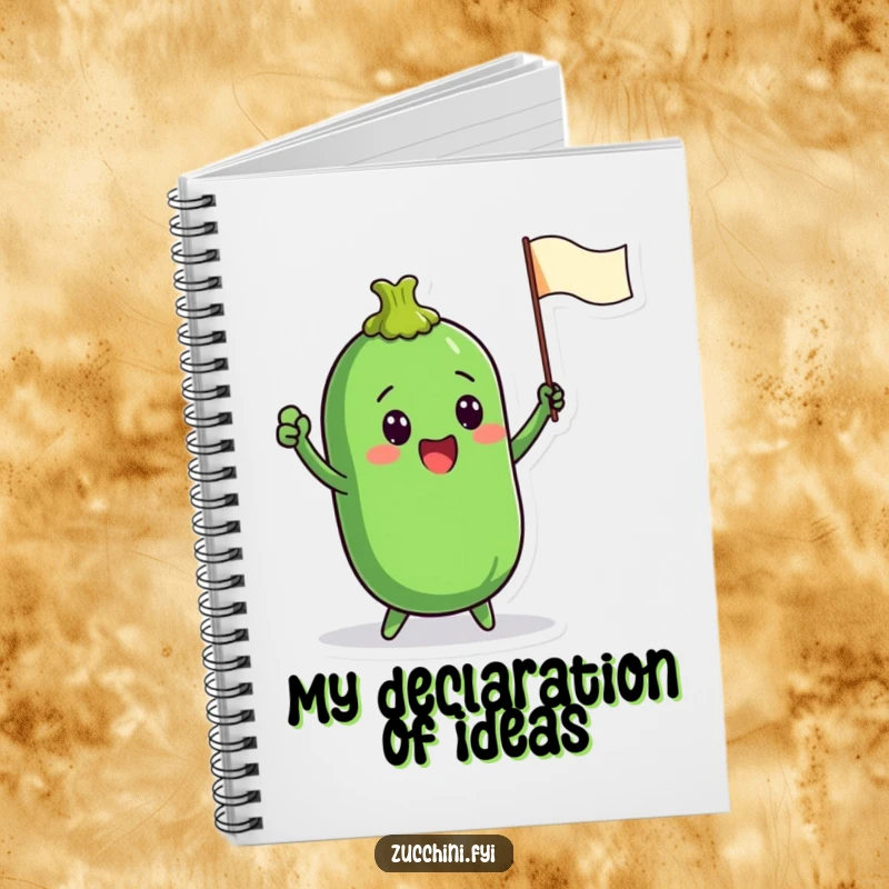 Funny notebook showcasing a zucchini character enthusiastically waving a tiny flag, perfect for jotting down notes and inspired, spirited thoughts.