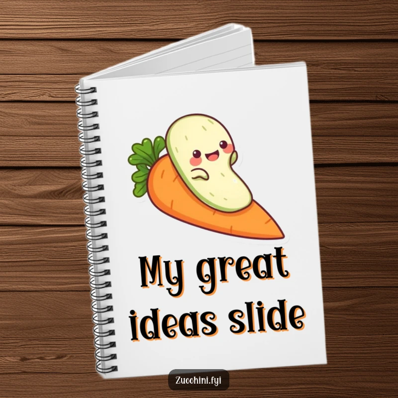 Funny zucchini notebook, a playful veggie character sliding down a carrot, ideal for jotting down fun ideas.