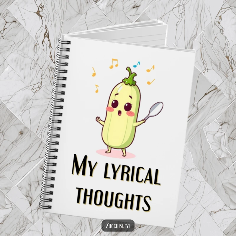 Funny surprised zucchini dancing with a spoon and musical notes, a musical notebook.