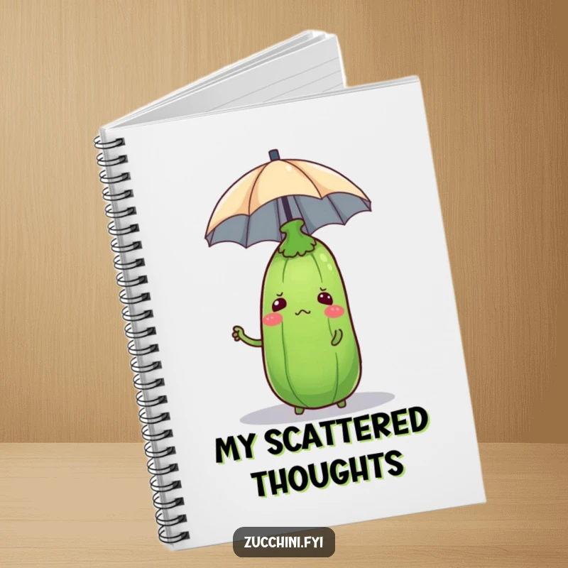 A notebook with a confused zucchini trying to balance an umbrella on its head, perfect for jotting down thoughts.
