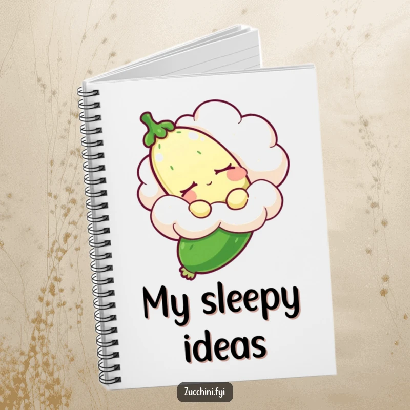 Funny sleepy zucchini notebook showing a drowsy zucchini on a cloud for writing and drawing, offering a humorous and dreamy space.
