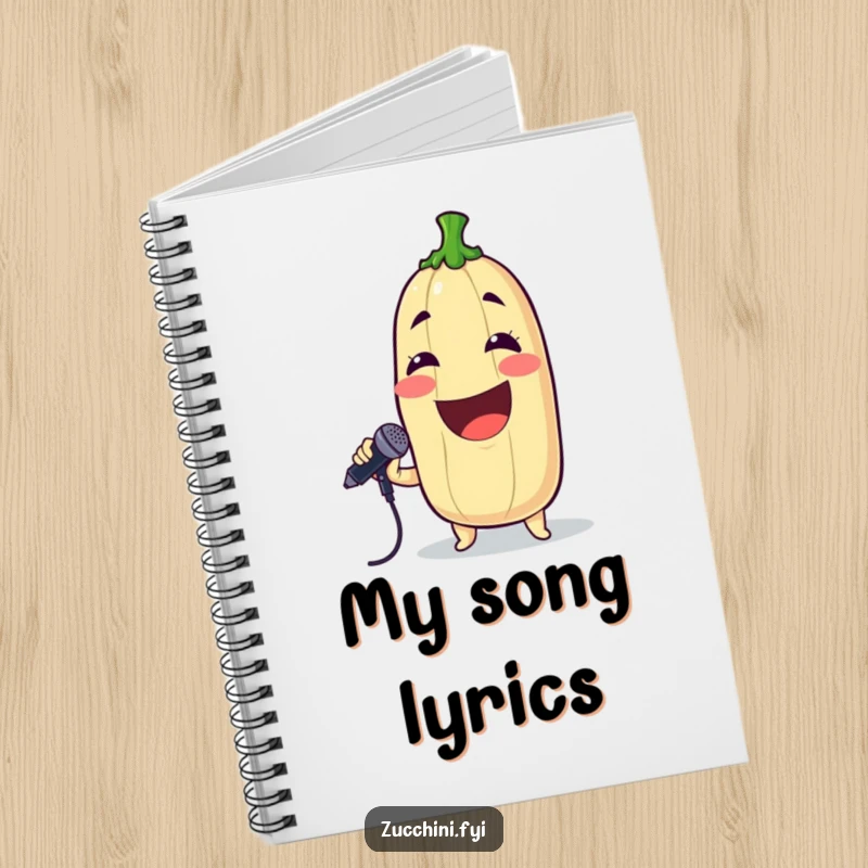Funny notebook with a grinning zucchini holding a microphone, designed for capturing lyrics with musical humor.
