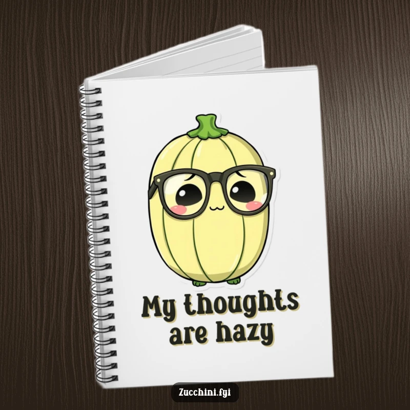 Funny Bewildered Zucchini Notebook featuring a zucchini with oversized spectacles, looking thoughtfully confused on the cover.