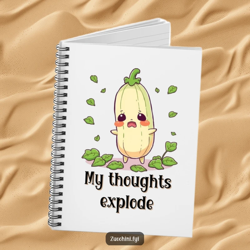 Funny startled zucchini notebook featuring a shocked vegetable with leaves scattering, ideal for jotting down ideas with a jolt.