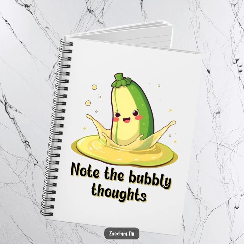 Funny notebook with a happy zucchini splashing in sparkling juice, ready to record all your joyful thoughts and plans.