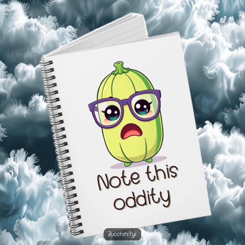 Funny Zucchini Notebook featuring a shocked cartoon zucchini wearing oversized, silly glasses, ideal for journaling humorous reactions.