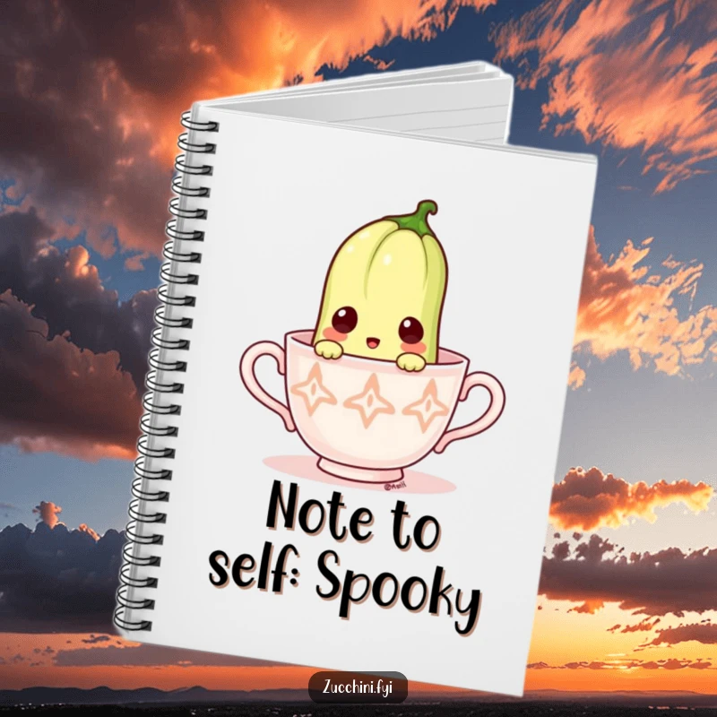 Funny Zucchini Notebook: Cover features a surprised zucchini peeking from a teacup, inspiring notes about delightful surprises.