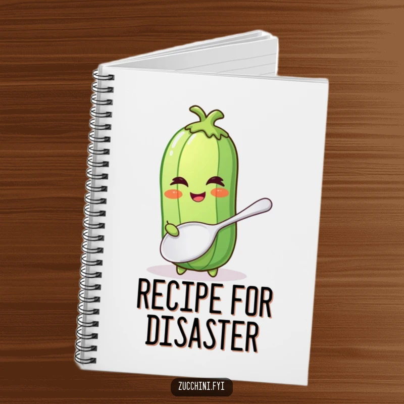 Funny notebook featuring a winking zucchini with a comically large spoon, perfect for jotting down recipes and ideas.