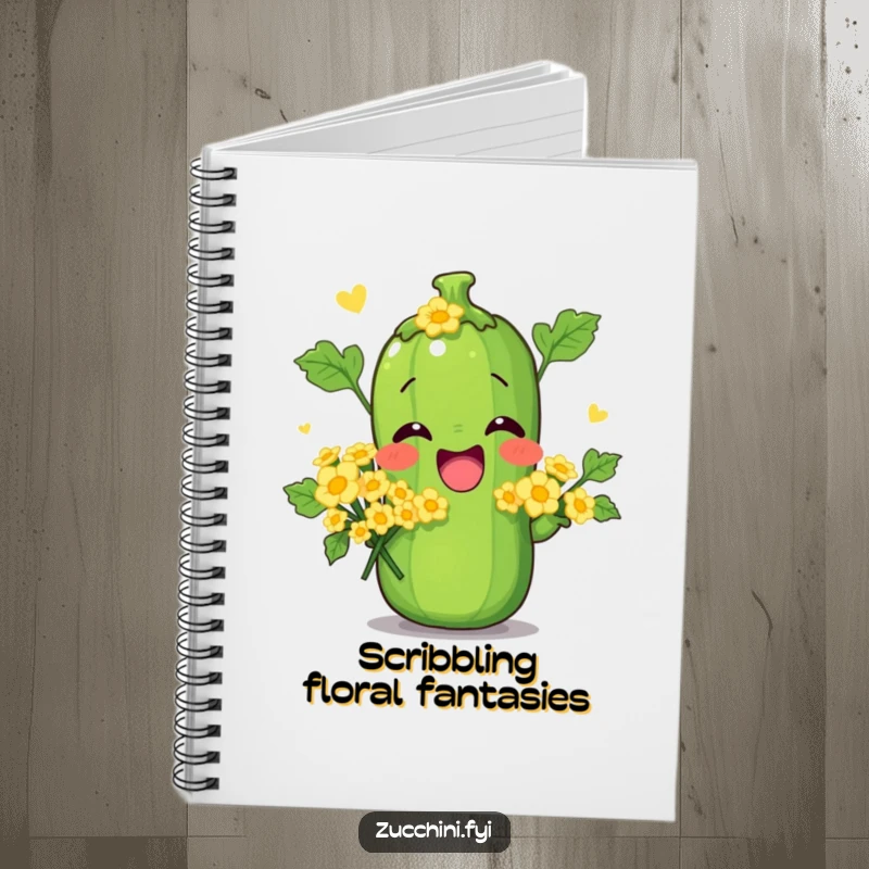 Funny notebook featuring a zucchini striking a silly pose with a bouquet of tiny zucchini flowers, perfect for journaling.
