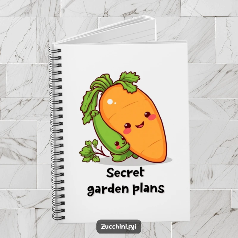 Funny Notebook with a sneaky zucchini peeking from behind a giant, smiling carrot, enjoying a playful prank.