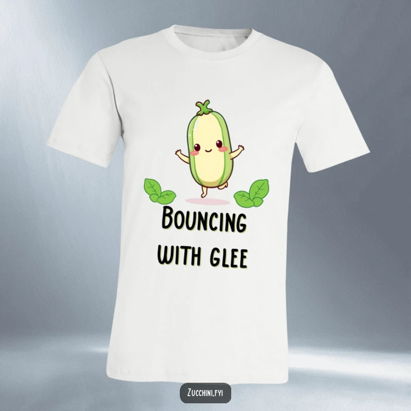 Funny kawaii zucchini joyfully hopping on one foot, a cute and energetic design for a t-shirt.