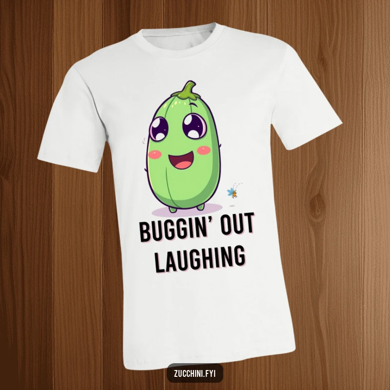 Funny laughing zucchini t-shirt with exaggerated eyes watching a firefly, perfect for expressing joy and nighttime enchantment with humor.