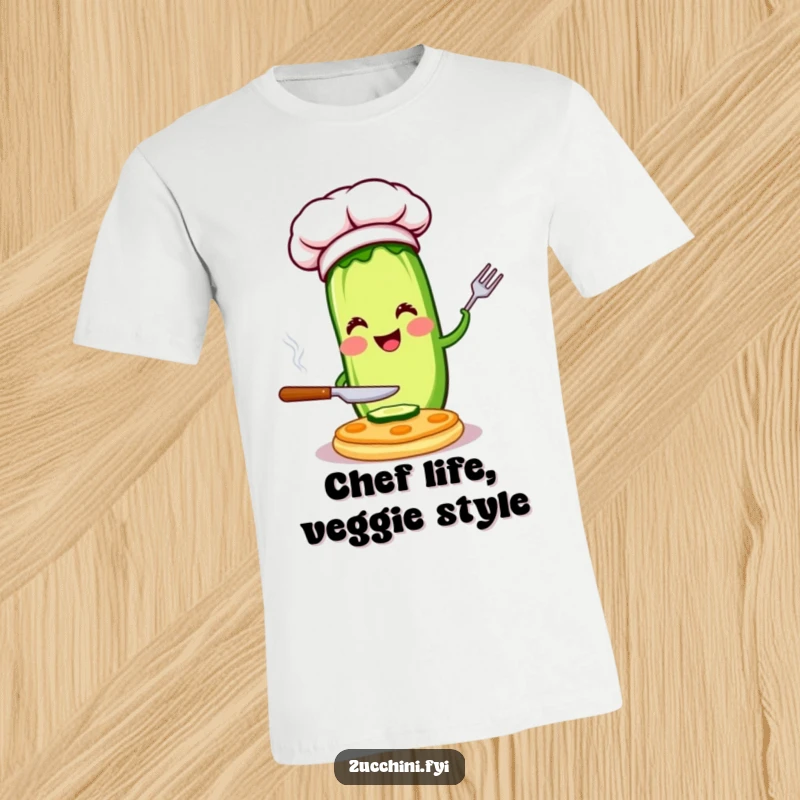 Funny chef zucchini t-shirt showcasing a happy character in a chef hat flipping a small pancake, great for cooks and a humorous gift.