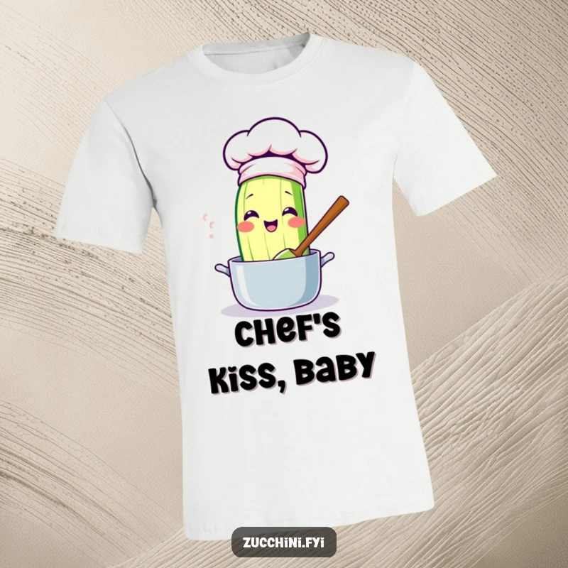 Funny kawaii zucchini t-shirt, a cute chef zucchini stirring a pot with enthusiasm, looking funny and ready to cook.