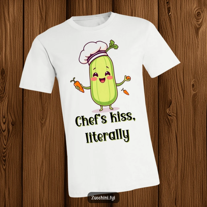 Funny smiling zucchini wearing a chef hat, skillfully juggling miniature carrots on a comfortable t-shirt, evoking joy.