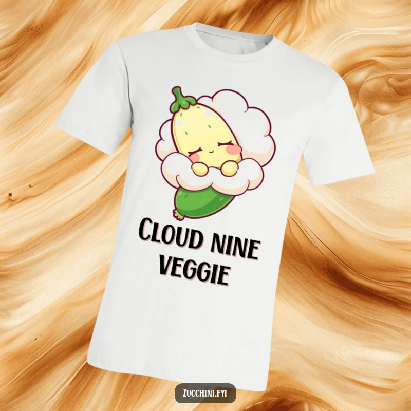 Funny sleepy zucchini t-shirt with a drowsy zucchini floating on a cloud, perfect for lounging and attracting smiles with its humor.