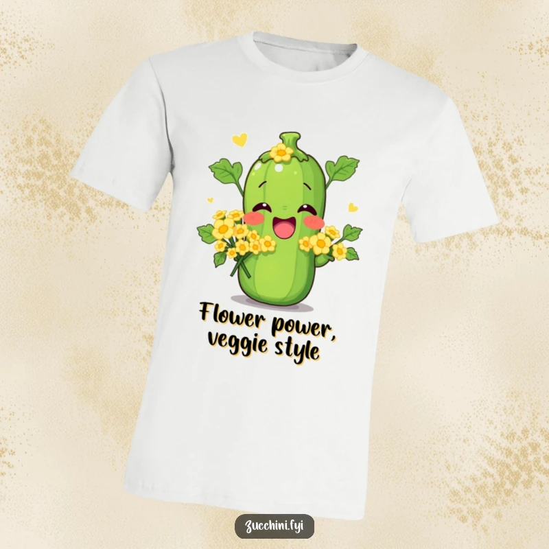 Funny t-shirt featuring a zucchini striking a funny pose with a bouquet of little zucchini flowers, perfect for garden enthusiasts.