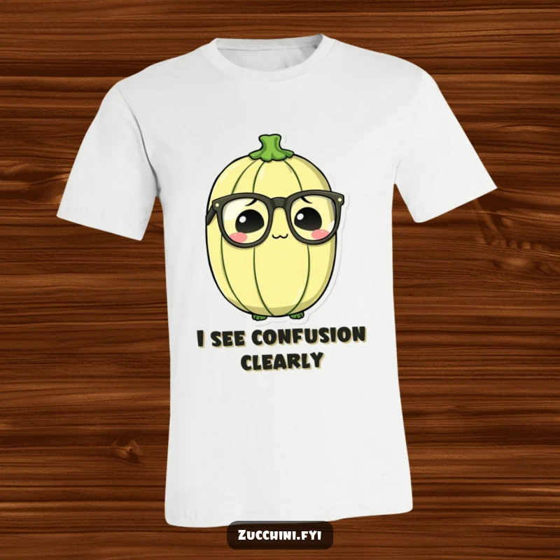 Funny Bewildered Zucchini T-Shirt featuring a zucchini wearing comically large spectacles, looking utterly confused and studious.