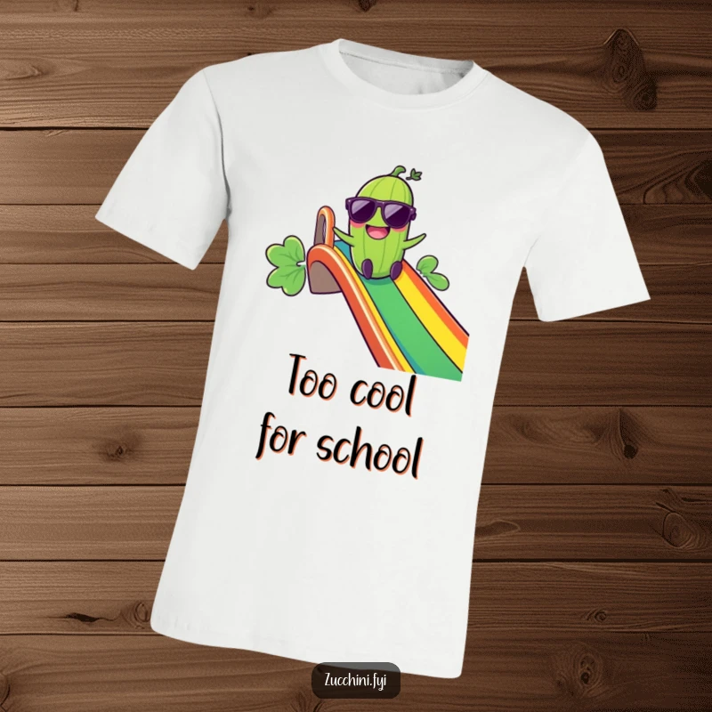 Funny Giggling Zucchini T-Shirt: A cool zucchini wearing sunglasses zooms down a rainbow slide, showcasing a joyful and adventurous spirit.