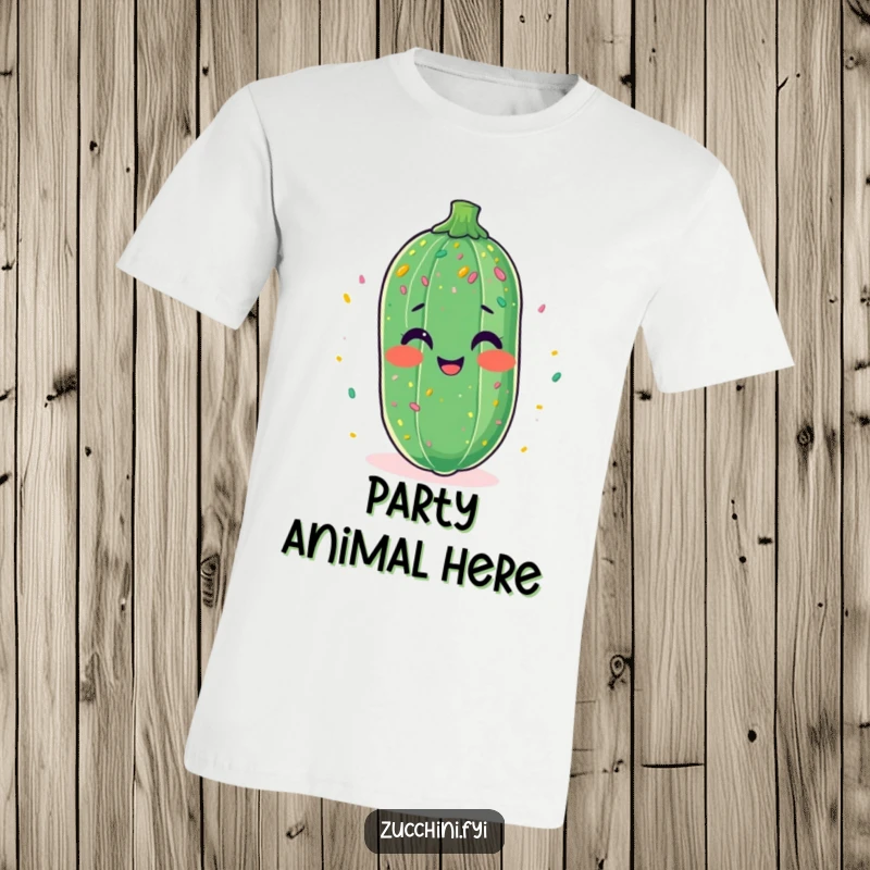 Funny t-shirt depicting a zucchini in fits of giggles, absolutely covered in small, festive confetti.