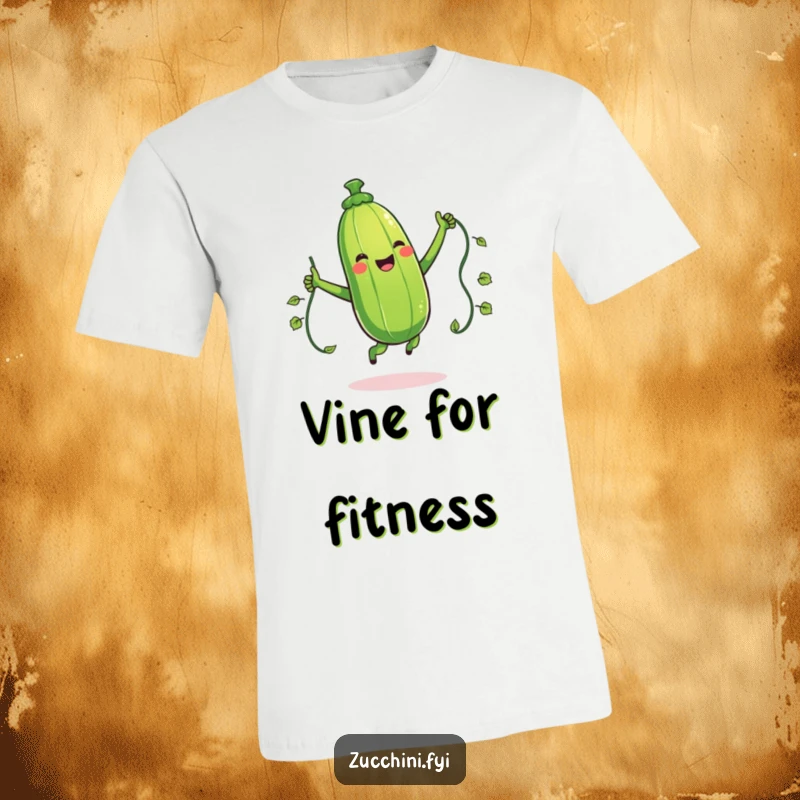 Funny t-shirt with a giggling zucchini character jumping rope with a vine, depicting energetic fun and vegetable amusement.