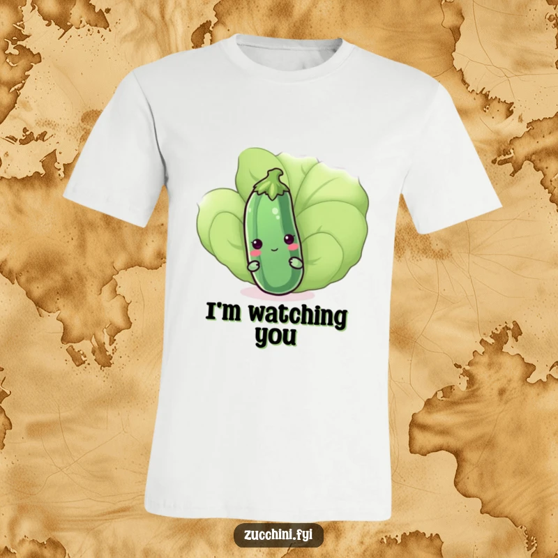Funny kawaii zucchini hiding behind a giant leaf, showcasing a shy expression on a soft t-shirt, ideal for a humorous gift.