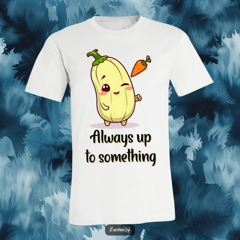 Funny mischievous kawaii zucchini winking and tossing a carrot, a cheeky and fun design for a t-shirt.