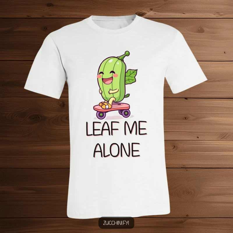 Funny t-shirt with a laughing zucchini character riding a roller skate fashioned from a leaf, depicting carefree fun and vegetable amusement.