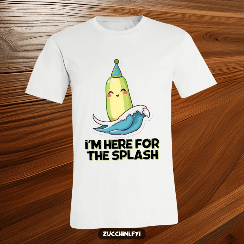 Funny Winking Zucchini T-Shirt: A cheerful, party-hat-wearing zucchini winks as it bobs on a tiny wave, showcasing a fun and playful personality.