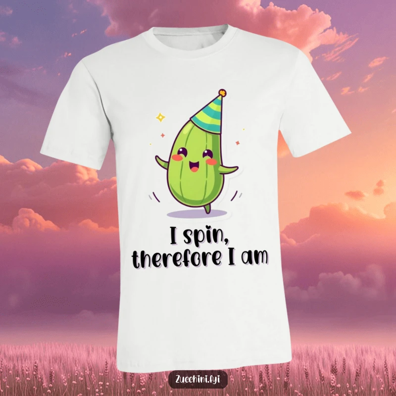 Funny t-shirt with a zany zucchini wearing a party hat, spinning wildly, celebrating with energetic vegetable charm.