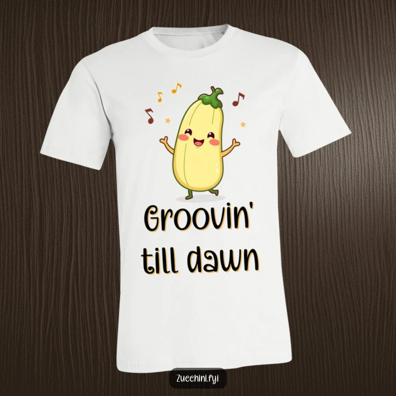 Funny T-shirt with a smiling zucchini character doing a joyful jig, surrounded by musical notes, representing happiness and lighthearted fun.