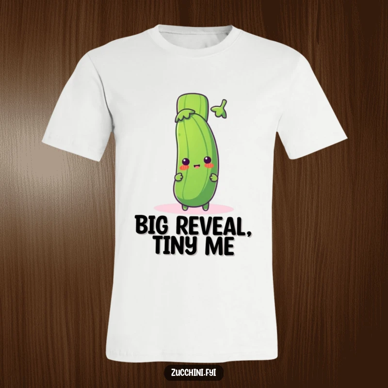 Funny zucchini t-shirt with a cute zucchini character playfully peeking from behind a large, bold exclamation mark, showing surprise and humor.