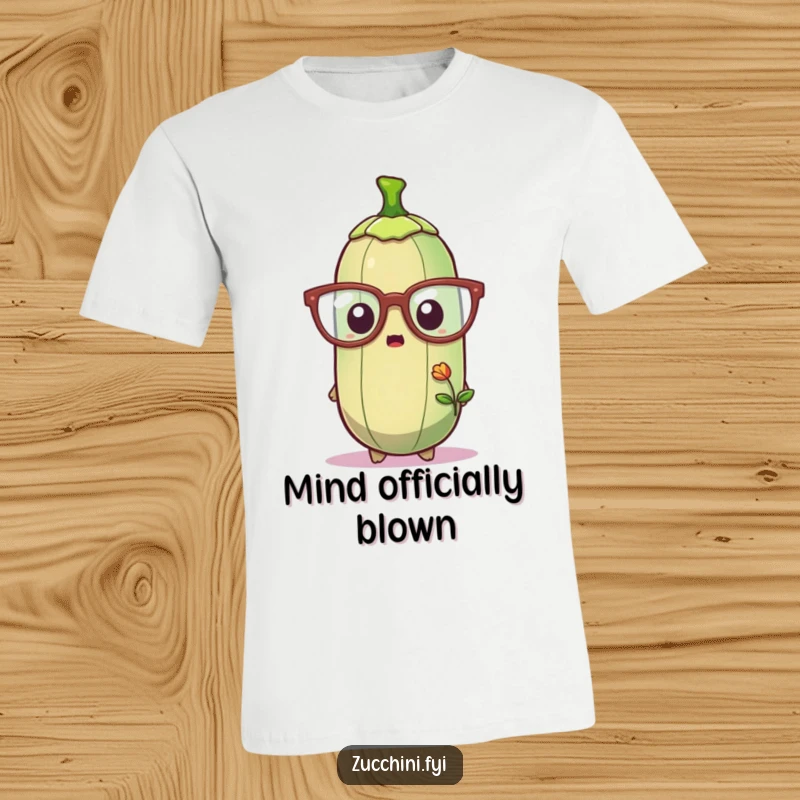 Funny T-shirt depicting a zucchini with oversized glasses, startled by a tiny sprout, highlighting a moment of unexpected botanical amusement.