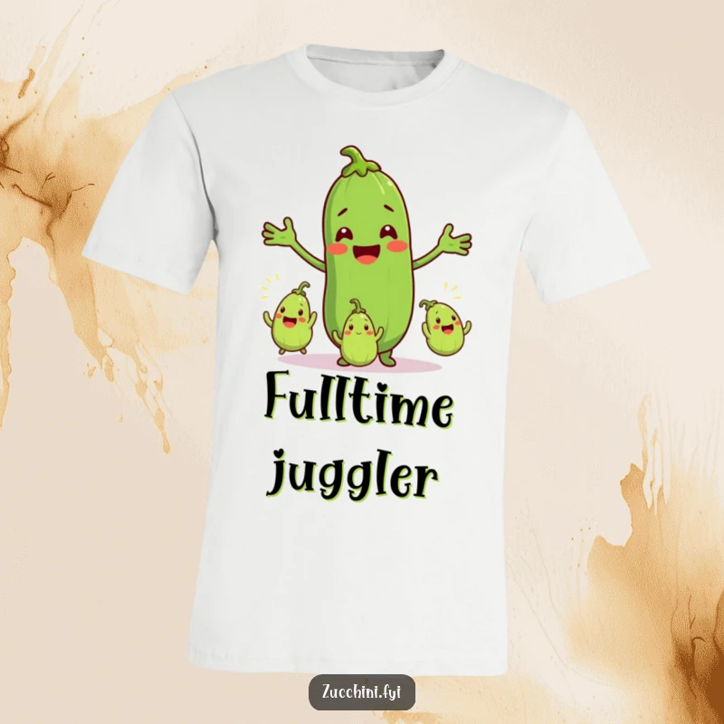 Funny t-shirt with a smiling zucchini character juggling three excited baby zucchinis, celebrating multi-tasking with vegetable-themed amusement.