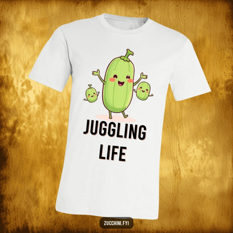 Funny zucchini with tiny legs juggling smaller zucchinis, a hilarious veggie circus act, funny gift.