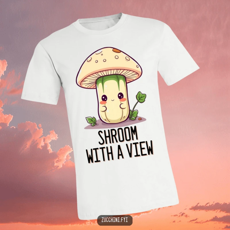 Funny T-shirt depicting a curious anthropomorphic zucchini character peeking mischievously from beneath a mushroom cap, embodying a spirit of discovery and playful hiding.