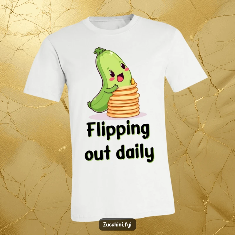 Funny t-shirt featuring a determined zucchini focused on balancing a precarious stack of wobbly pancakes, a humorous struggle.