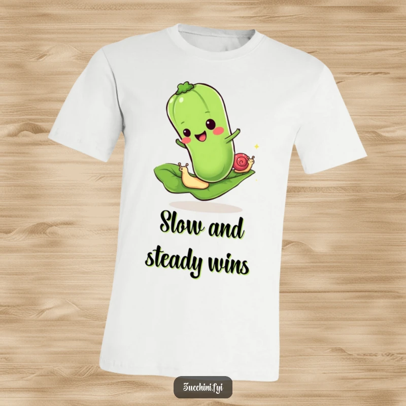 Funny t-shirt featuring a cheerful zucchini racing a snail on a leaf, illustrating a humorous and slow-paced adventure.