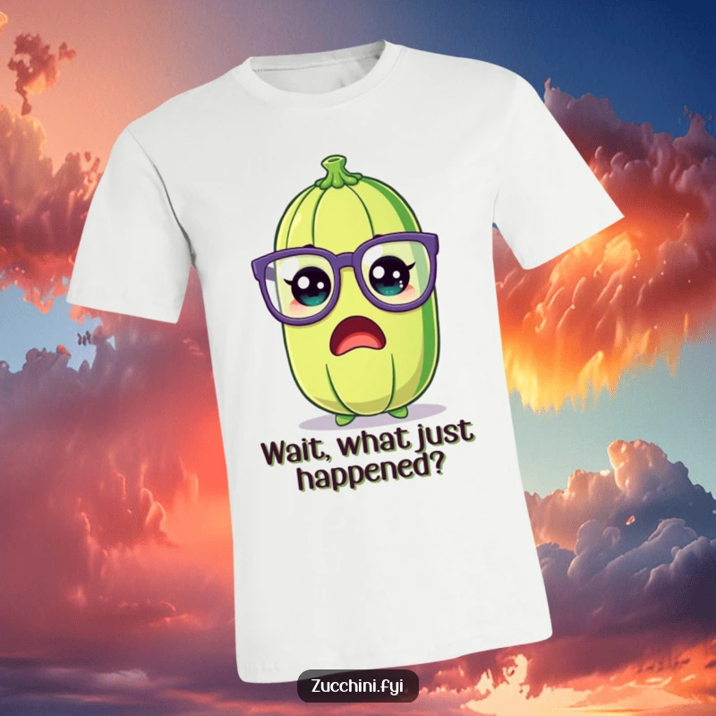 Funny Zucchini T-Shirt depicting a cartoon zucchini with a shocked expression and huge, funny glasses, highlighting humorous disbelief.