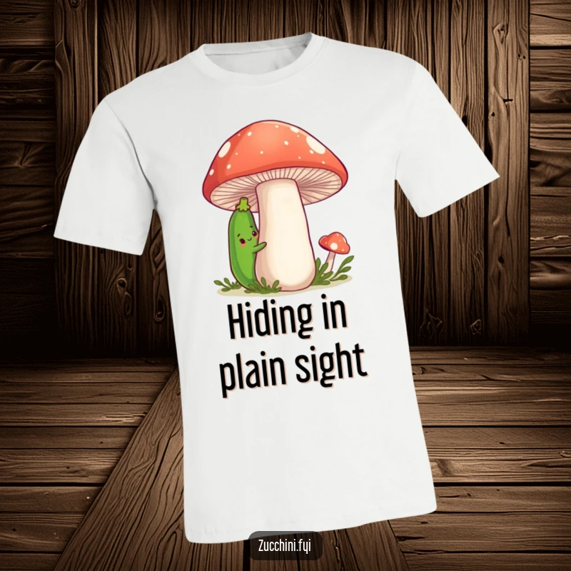 Funny Zucchini T-Shirt depicting a shy cartoon zucchini peeking out from behind a big, friendly mushroom, conveying gentle humor.