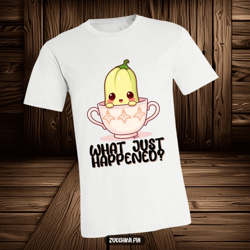 Funny Zucchini T-Shirt: Surprised vegetable peeking from a tiny teacup, perfect for those who enjoy unexpected humor.