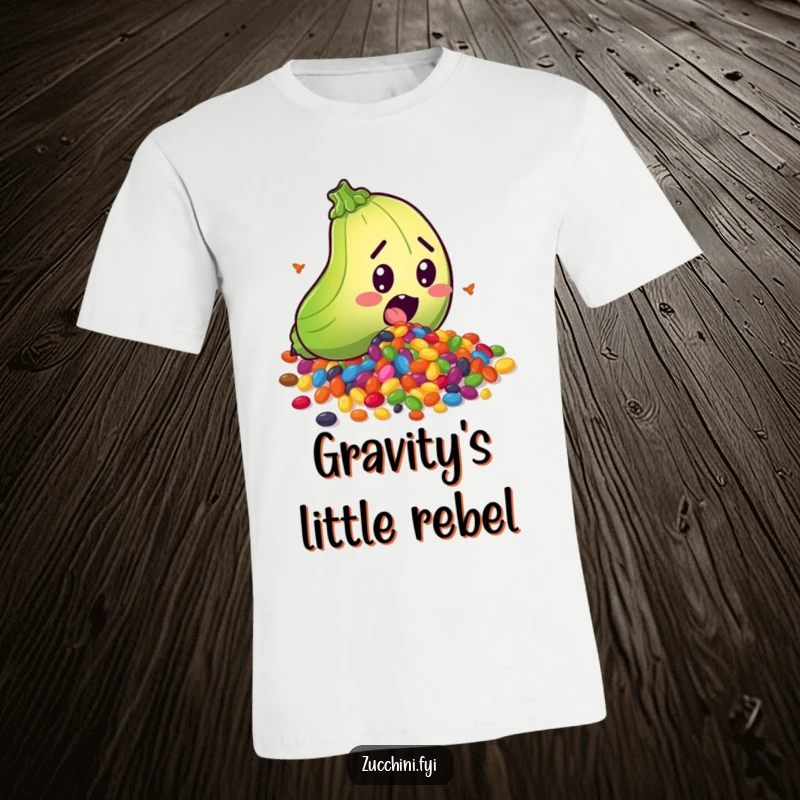 Funny t-shirt with a surprised zucchini character tripping and spilling a rainbow of colorful seeds, a humorous depiction of playful chaos.