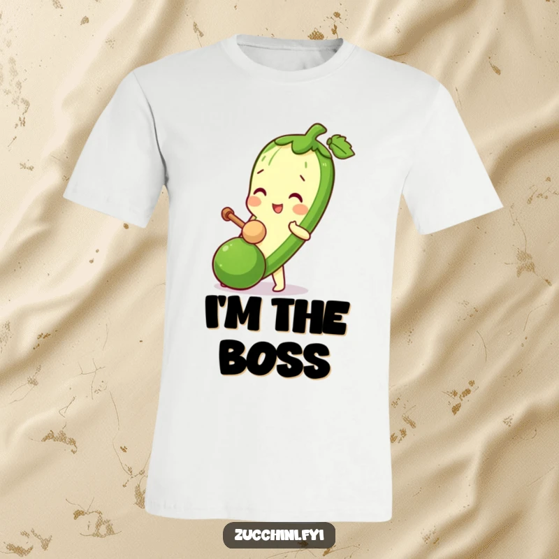 Funny Zucchini Mallet T-Shirt depicting a zucchini character playfully tapping a small zucchini with a miniature mallet.