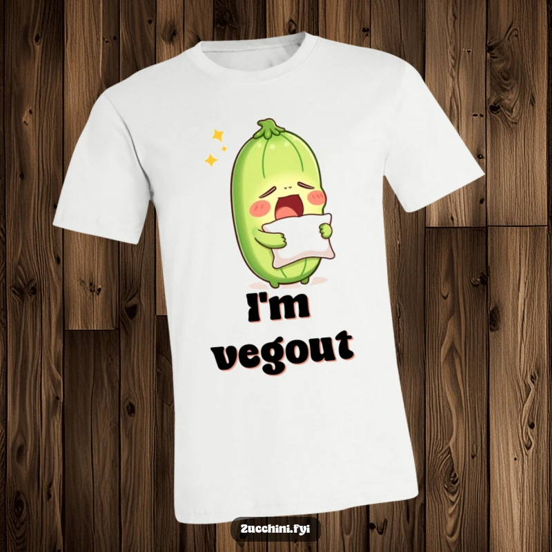 Funny sleepy zucchini with a pillow, yawning big, on a t-shirt, showcasing a hilarious, tired vegetable character ready for a snooze.