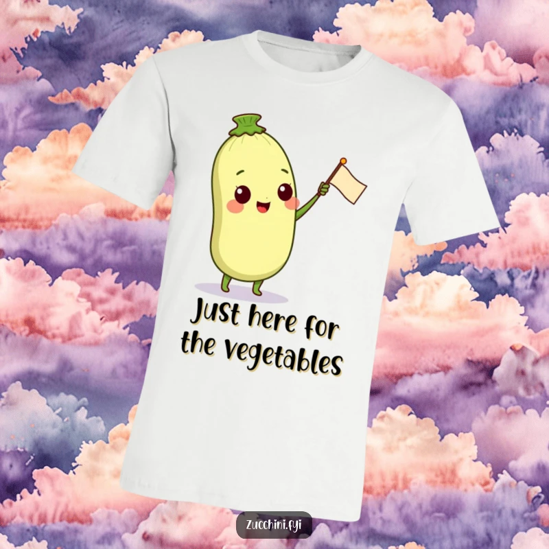 Funny T-shirt showcasing a beaming anthropomorphic zucchini character proudly waving a small, vibrant petal flag, representing a cheerful garden and positive energy.